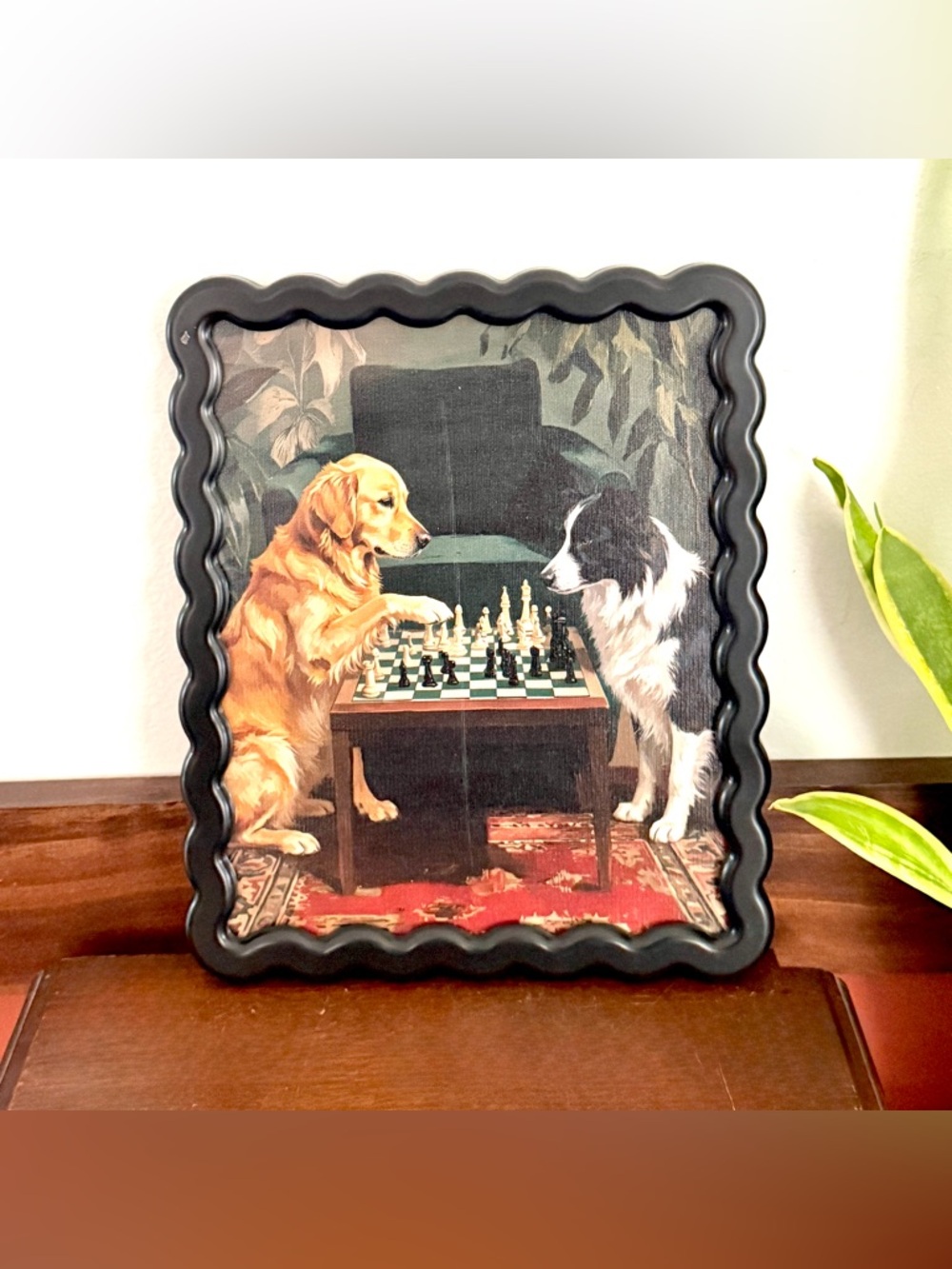 Dogs Playing Chess Game Golden Retriever Border Collie Wavy Framed Art Print